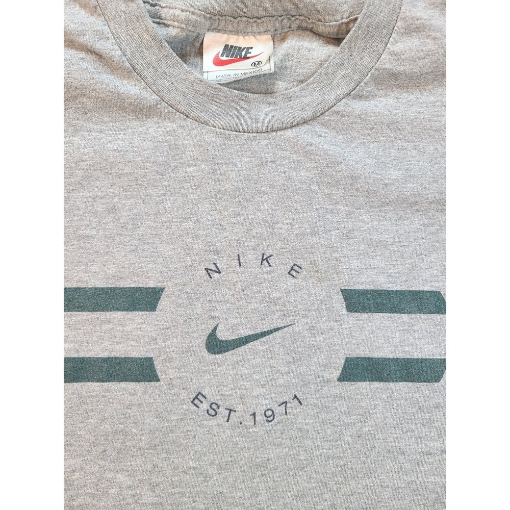 Vintage 90s Nike T Shirt Mens M Gray Swoosh Logo Est 1971 Graphic Tee Sportswear